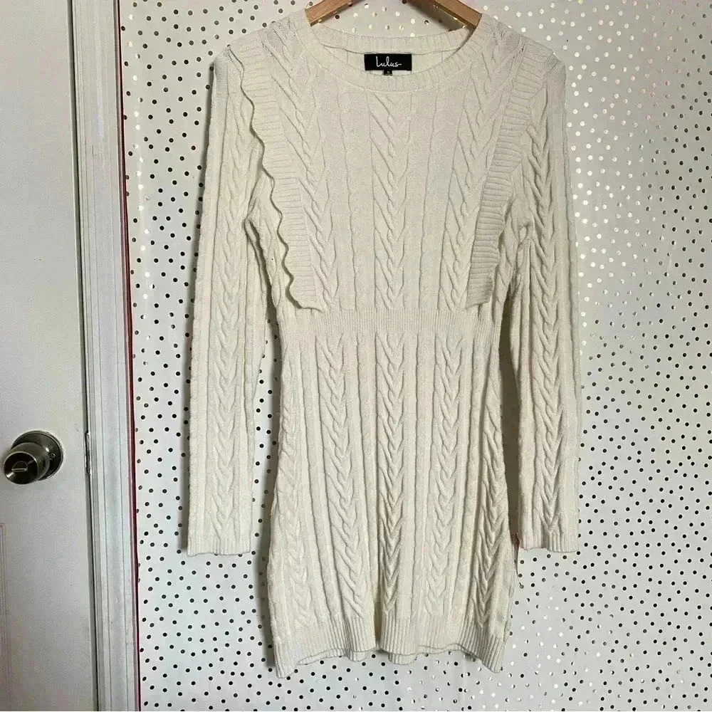 Lulus Snowy Day Ivory Cable Knit Bodycon Sweater Dress
